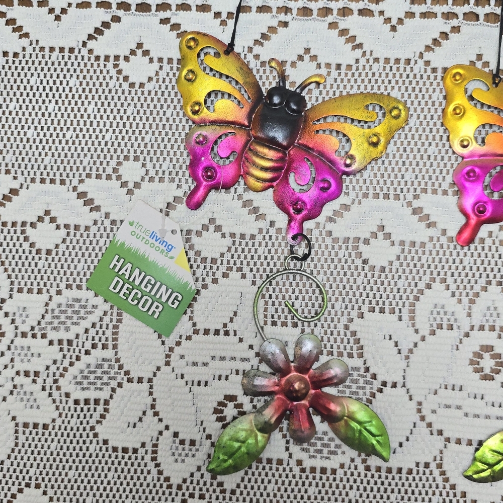 2pc Set New Butterfly Rustic Metal Hanging Garden Patio Decor Yellow Pink Red - Picture 2 of 8
